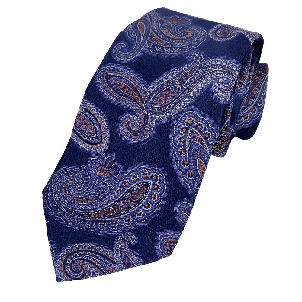 Paul Fredrick Mens Tie‎ Navy & Silver Paisley Design 100% Silk LONG